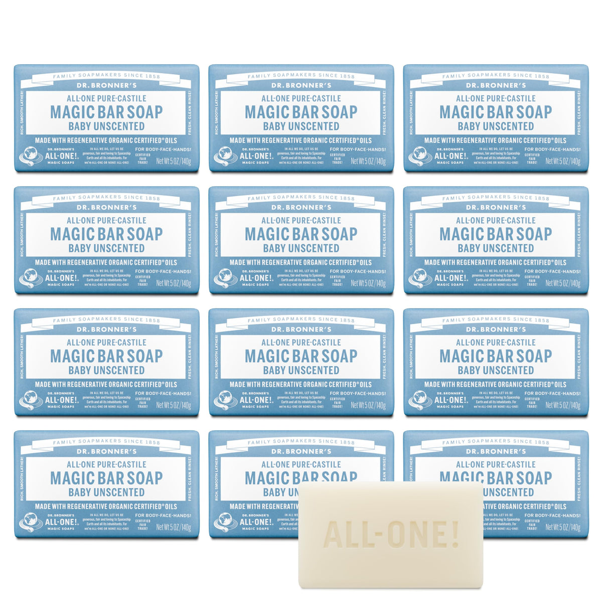 Dr. Bronner's front packaging showing unscented bar and clear benefits