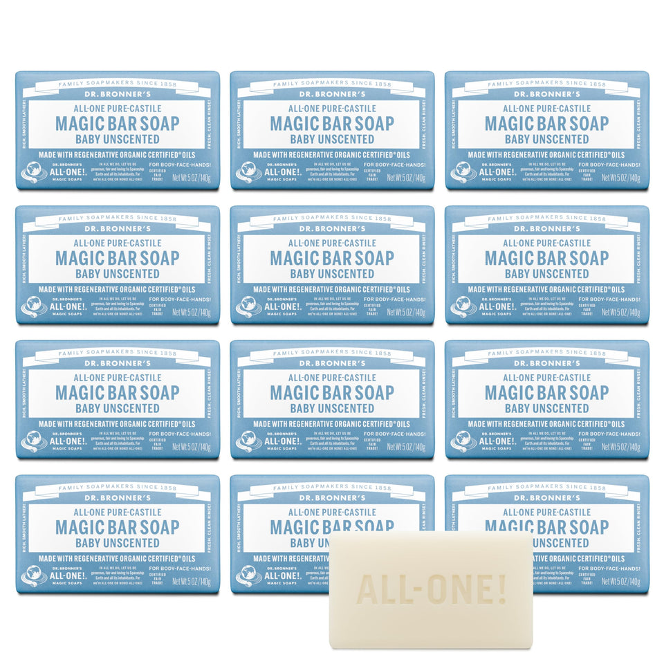 Dr. Bronner's front packaging showing unscented bar and clear benefits