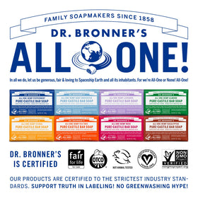 Dr. Bronner's bar being used in shower showing multi-use cleansing benefit