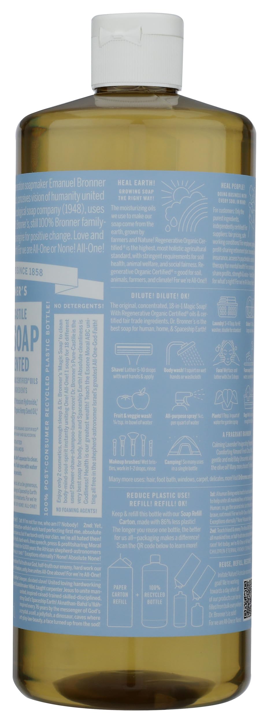 Dr. Bronner's bottle beside a washing machine illustrating effective laundry pre-treatment