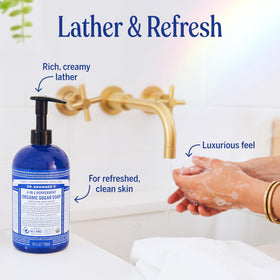 Dr. Bronner's recycled plastic bottle mark highlighting eco-friendly packaging benefit