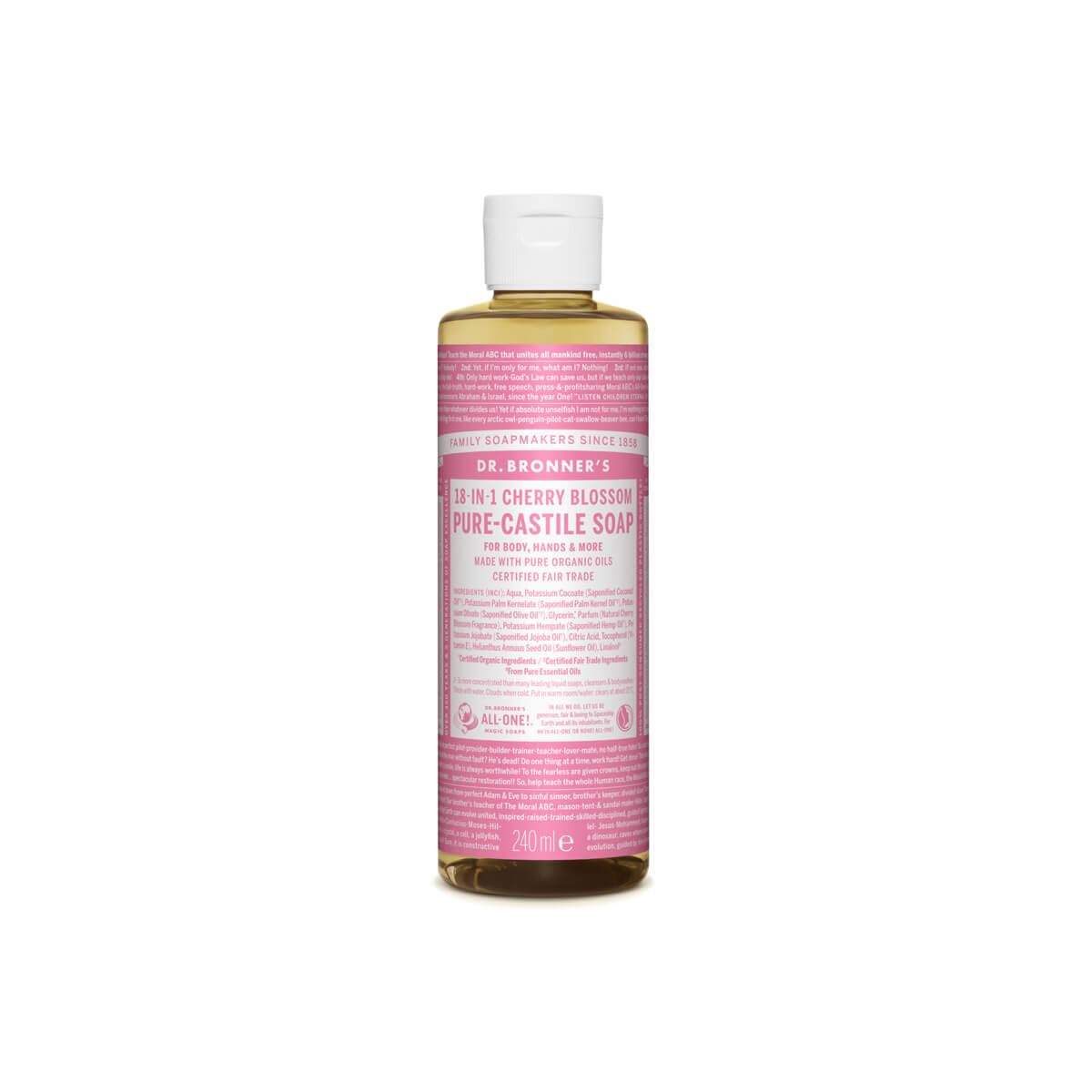 Dr. Bronner's bottle front packaging showing cherry blossom scent and versatile cleaning benefits