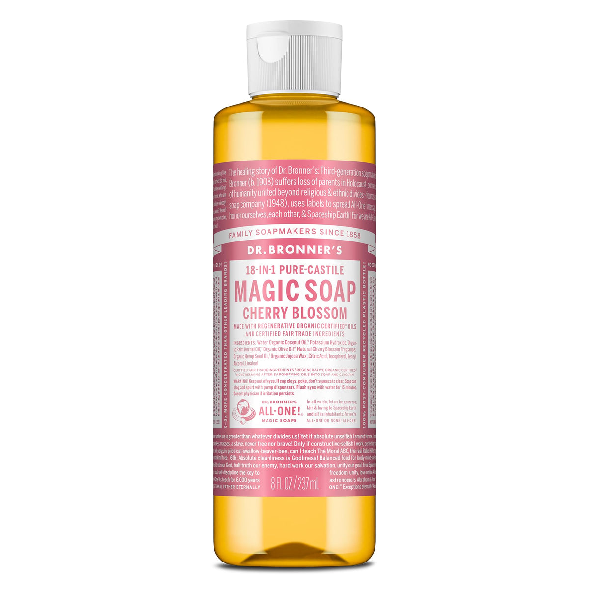 Dr. Bronner's front packaging showing cherry blossom scent and benefits