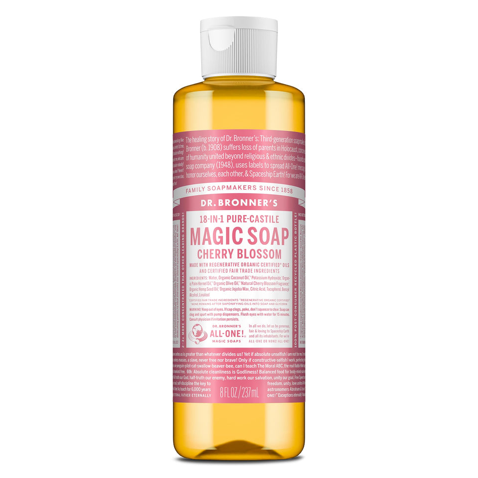 Dr. Bronner's front packaging showing cherry blossom scent and benefits