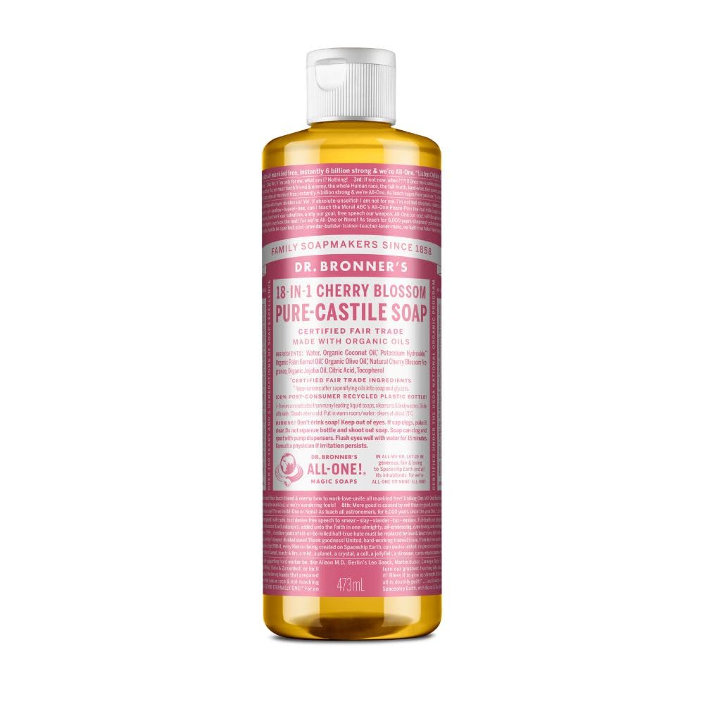 Dr. Bronner's cherry blossom front label showing scent and benefits