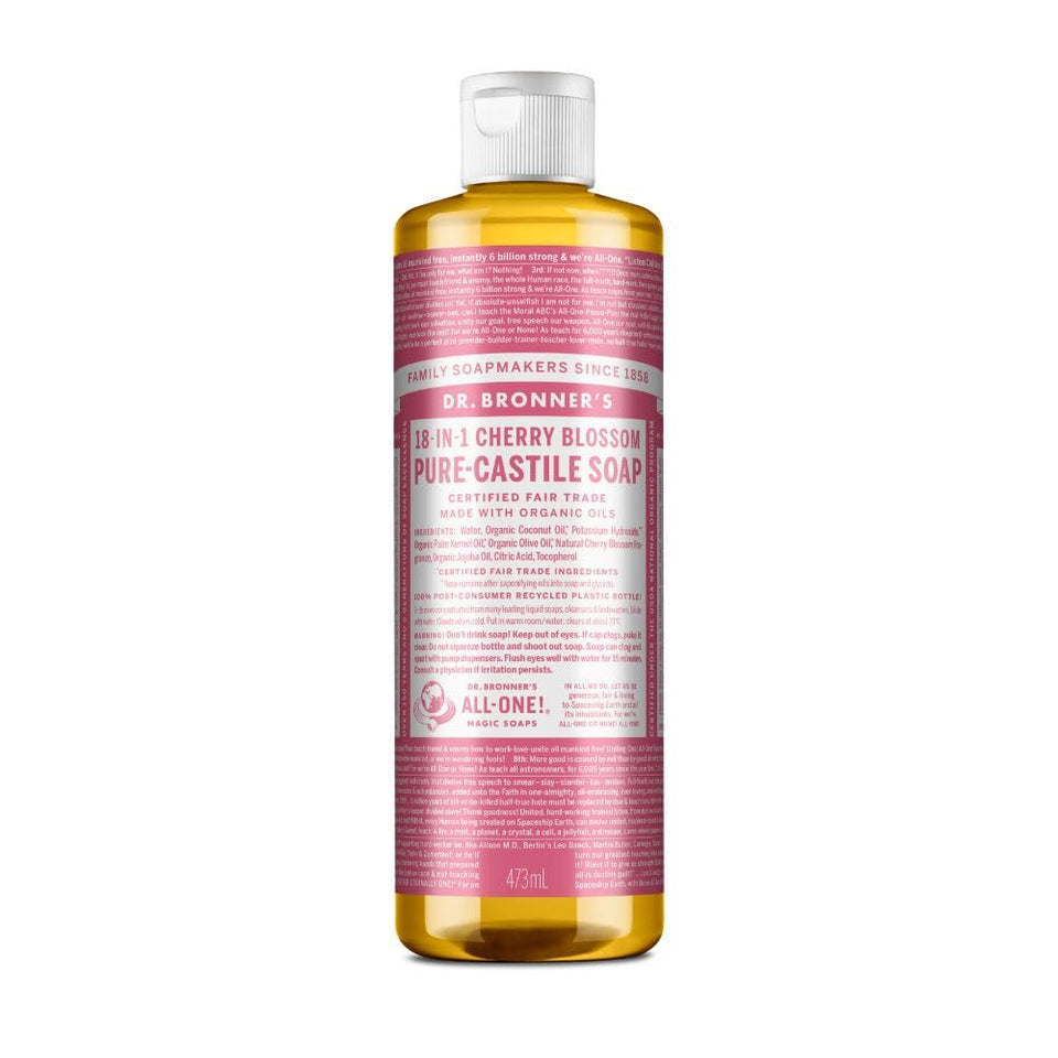 Dr. Bronner's cherry blossom front label showing scent and benefits