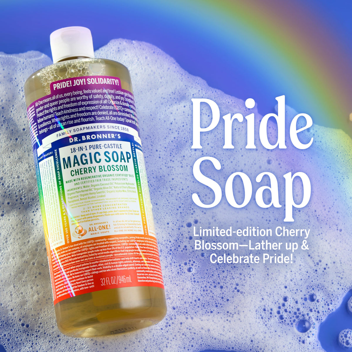 Dr. Bronner's label detail highlighting Pride design and ethical sourcing benefits