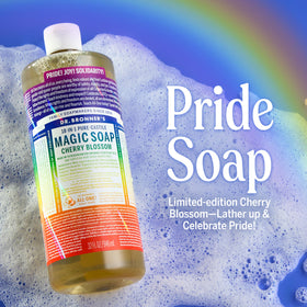Dr. Bronner's label detail highlighting Pride design and ethical sourcing benefits