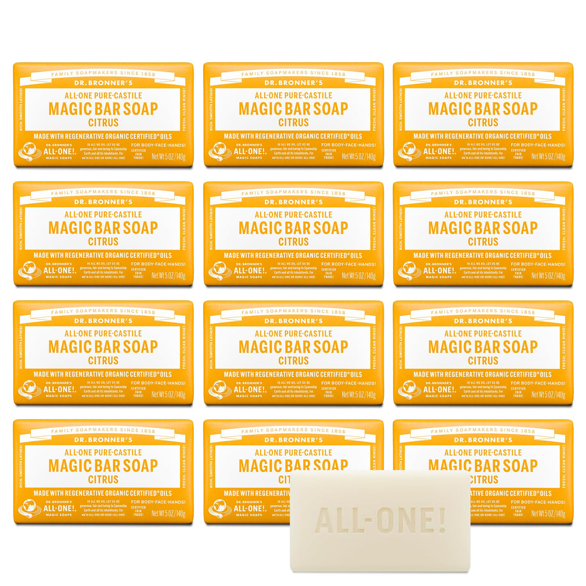 Dr. Bronner's front packaging showing citrus soap and clear labeling benefit: eco-friendly choice