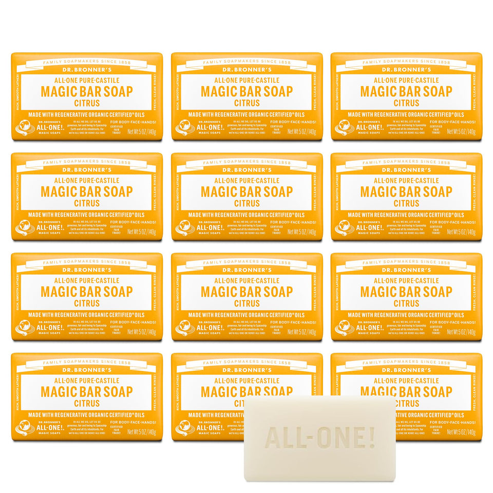 Dr. Bronner's front packaging showing citrus soap and clear labeling benefit: eco-friendly choice