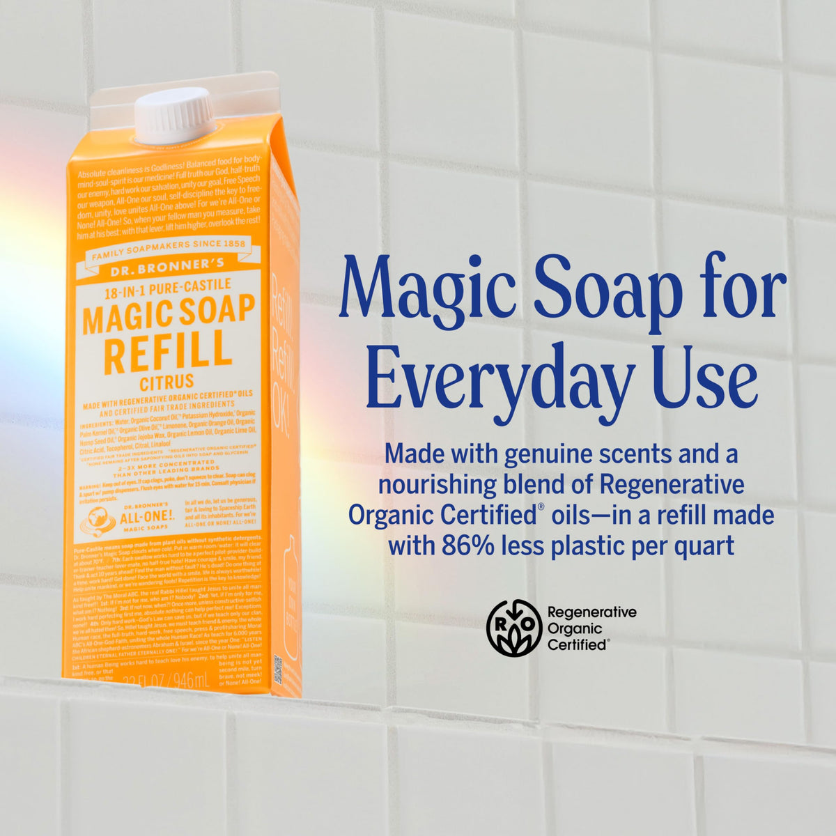 Dr. Bronner's carton closeup with ingredient panel and regenerative oils benefit