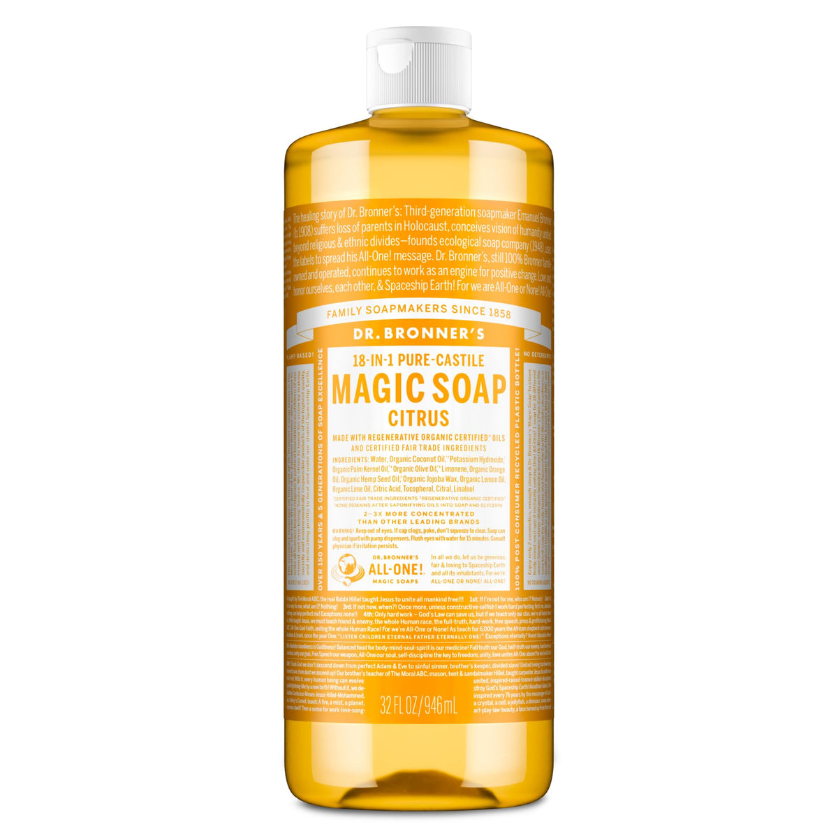 Dr. Bronner's front label showing citrus bottle and product benefits