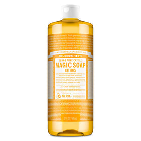 Dr. Bronner's front label showing citrus bottle and product benefits