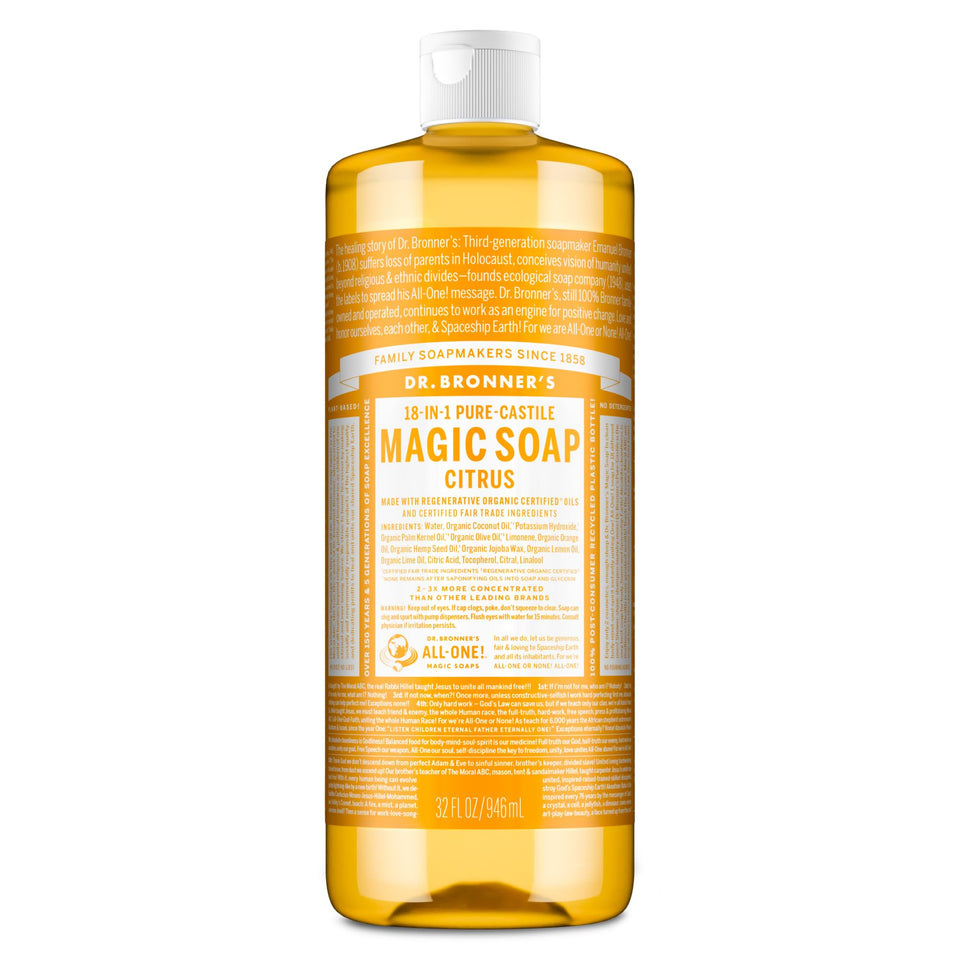 Dr. Bronner's front label showing citrus bottle and product benefits