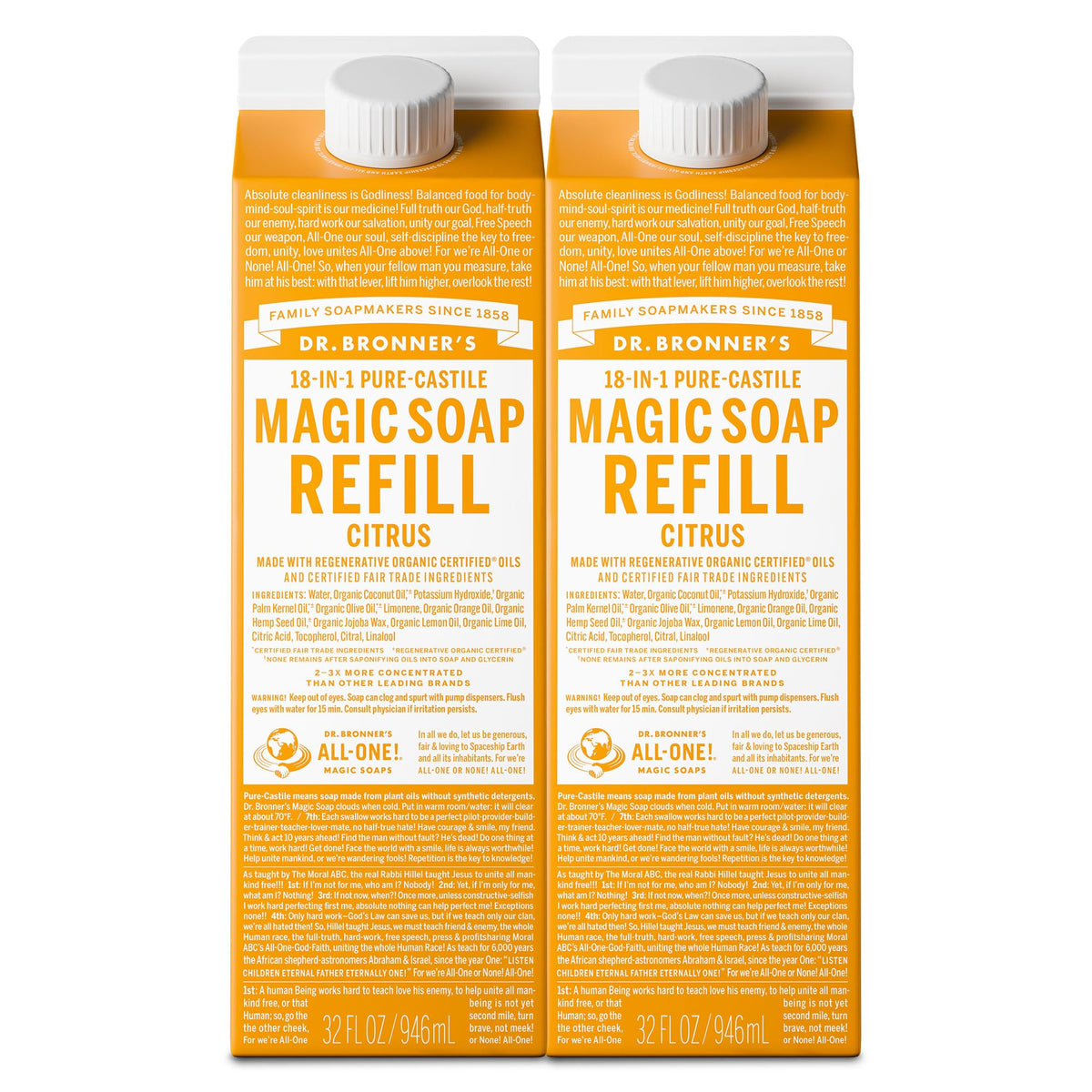 Dr. Bronner's citrus refill front pack showing label and ethical sourcing benefit