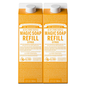 Dr. Bronner's citrus refill front pack showing label and ethical sourcing benefit