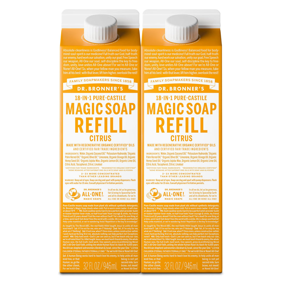 Dr. Bronner's citrus refill front pack showing label and ethical sourcing benefit