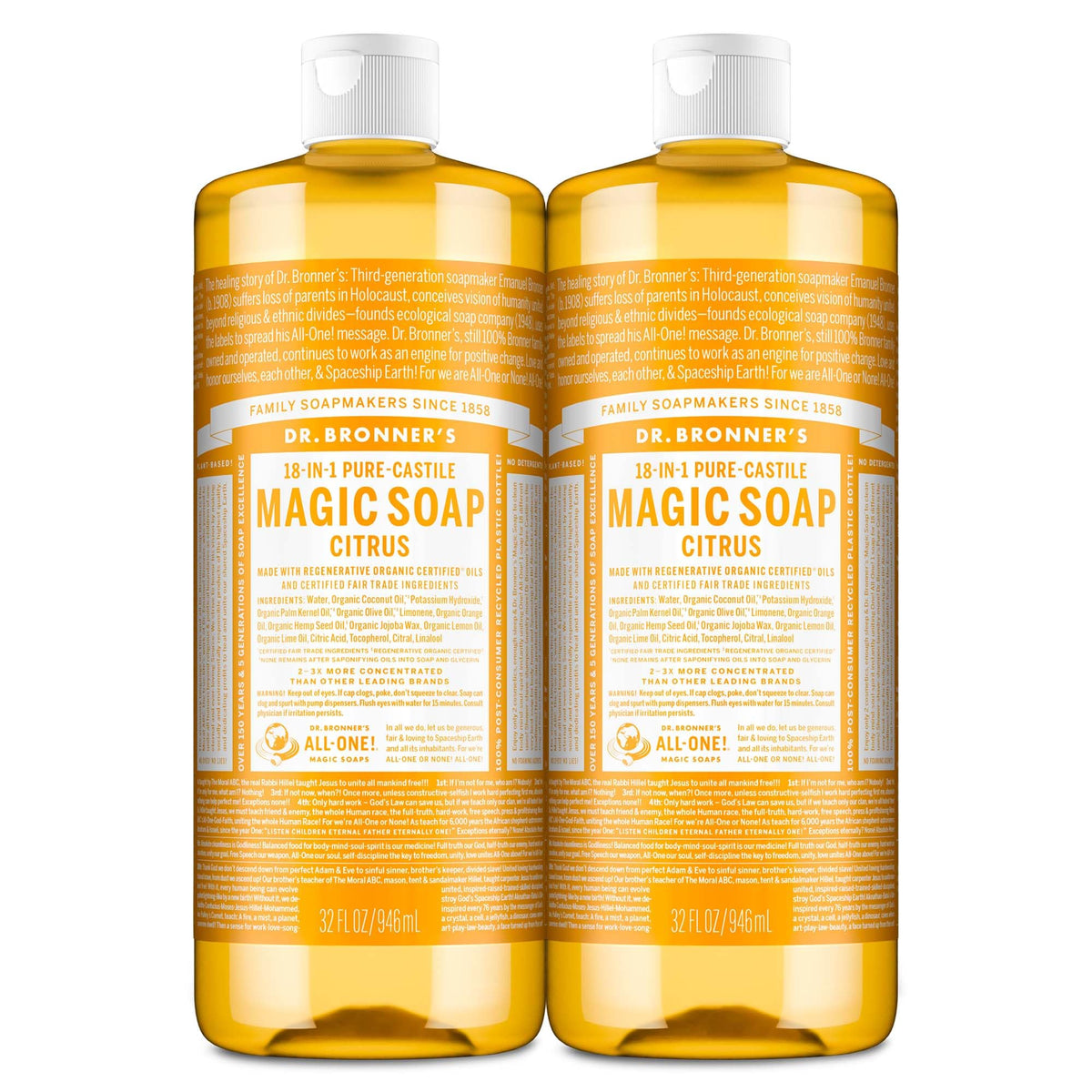 Dr. Bronner's front packaging showing two 32oz citrus bottles, clear benefits