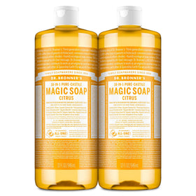 Dr. Bronner's front packaging showing two 32oz citrus bottles, clear benefits