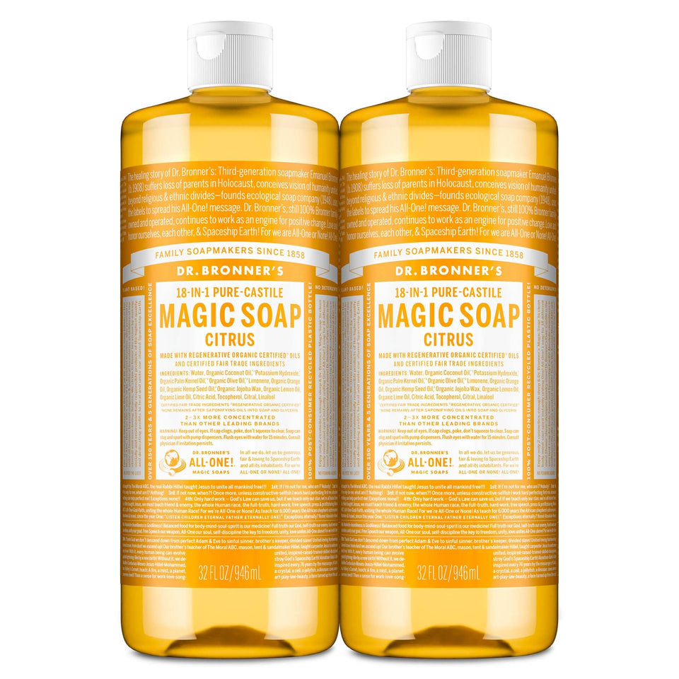 Dr. Bronner's front packaging showing two 32oz citrus bottles, clear benefits