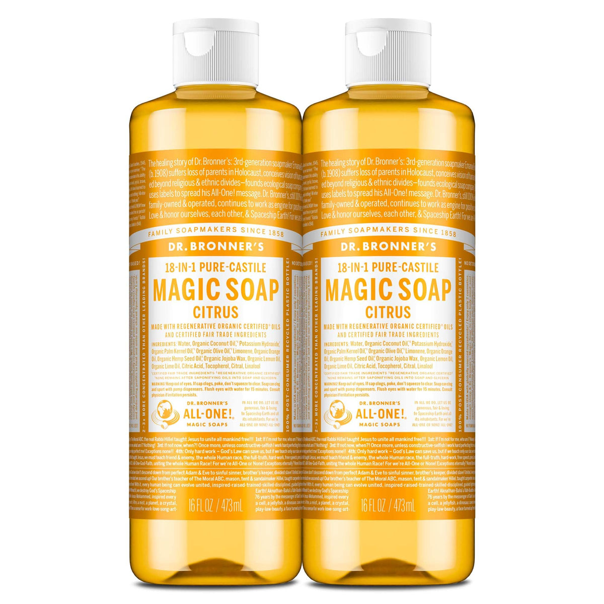 Dr. Bronner's citrus front packaging showing two 16 oz bottles and branding benefit