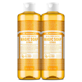 Dr. Bronner's citrus front packaging showing two 16 oz bottles and branding benefit