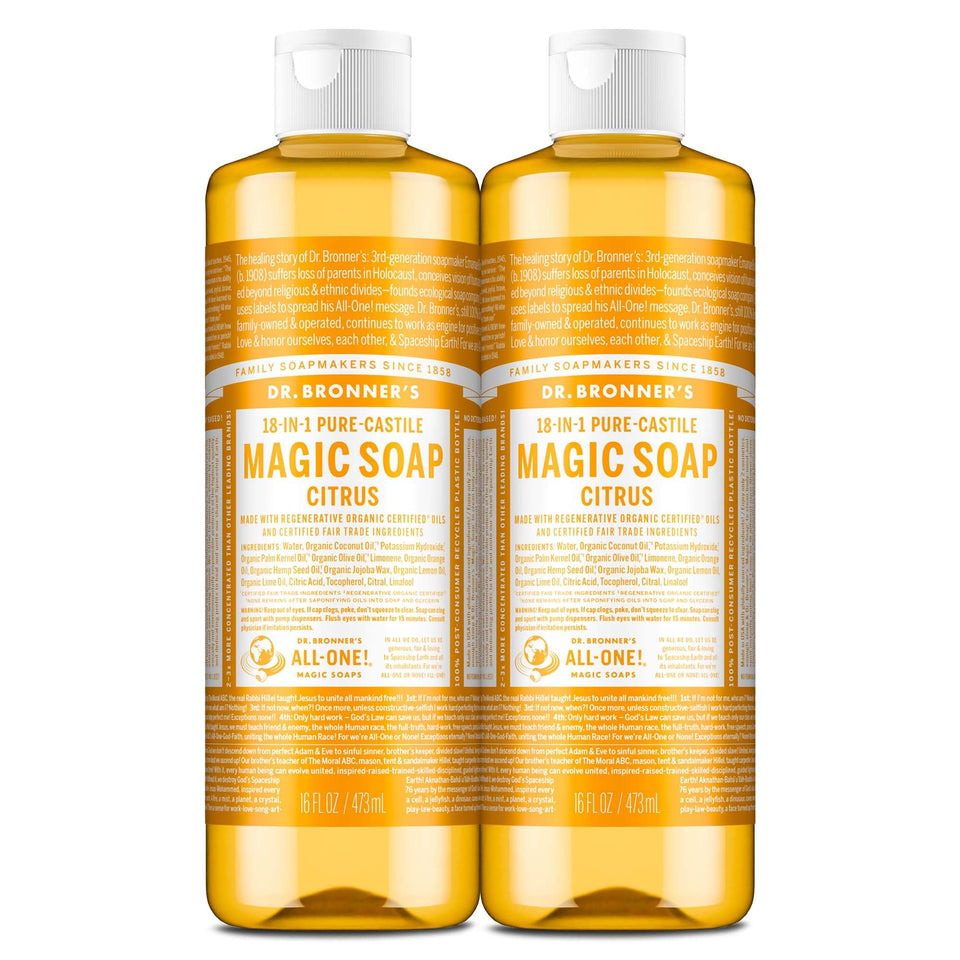 Dr. Bronner's citrus front packaging showing two 16 oz bottles and branding benefit