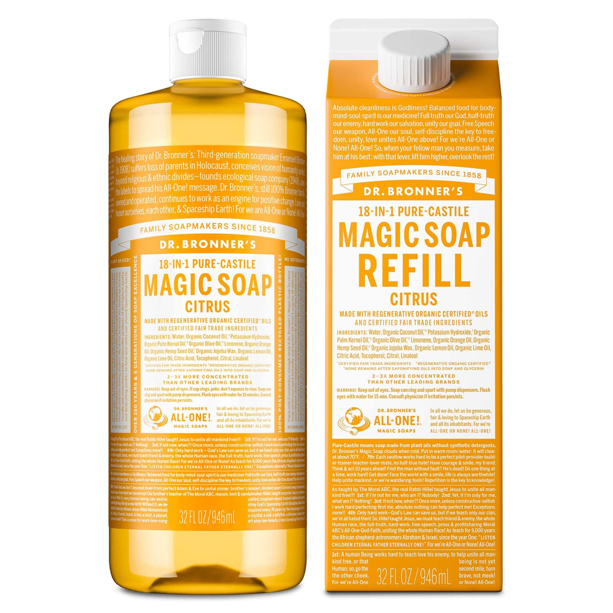 Dr. Bronner's front packaging showing citrus bottle for versatile cleaning