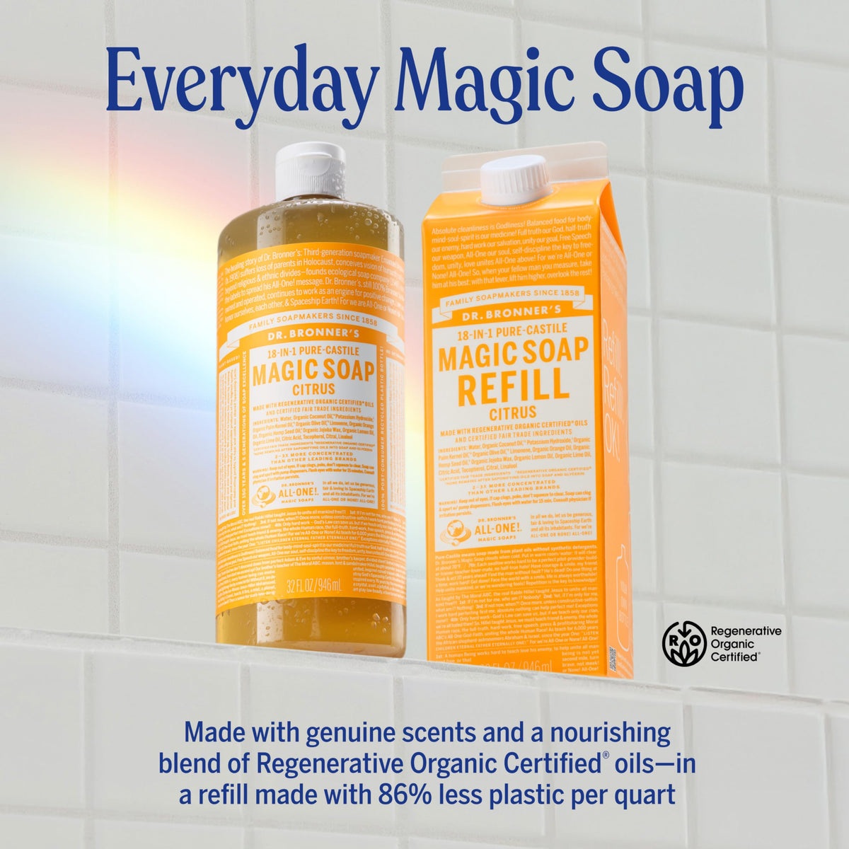 Dr. Bronner's rich citrus lather on hand demonstrating gentle cleansing
