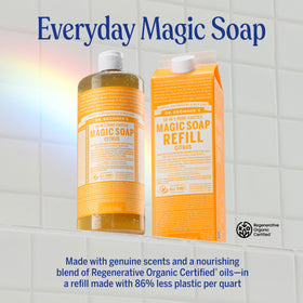 Dr. Bronner's rich citrus lather on hand demonstrating gentle cleansing