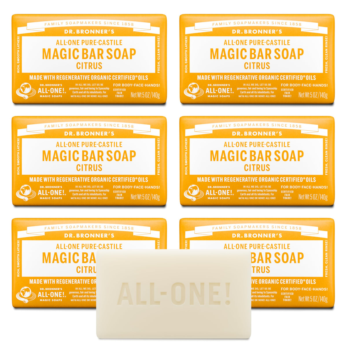 Dr. Bronner's citrus bar front packaging showing product benefit of eco labeling
