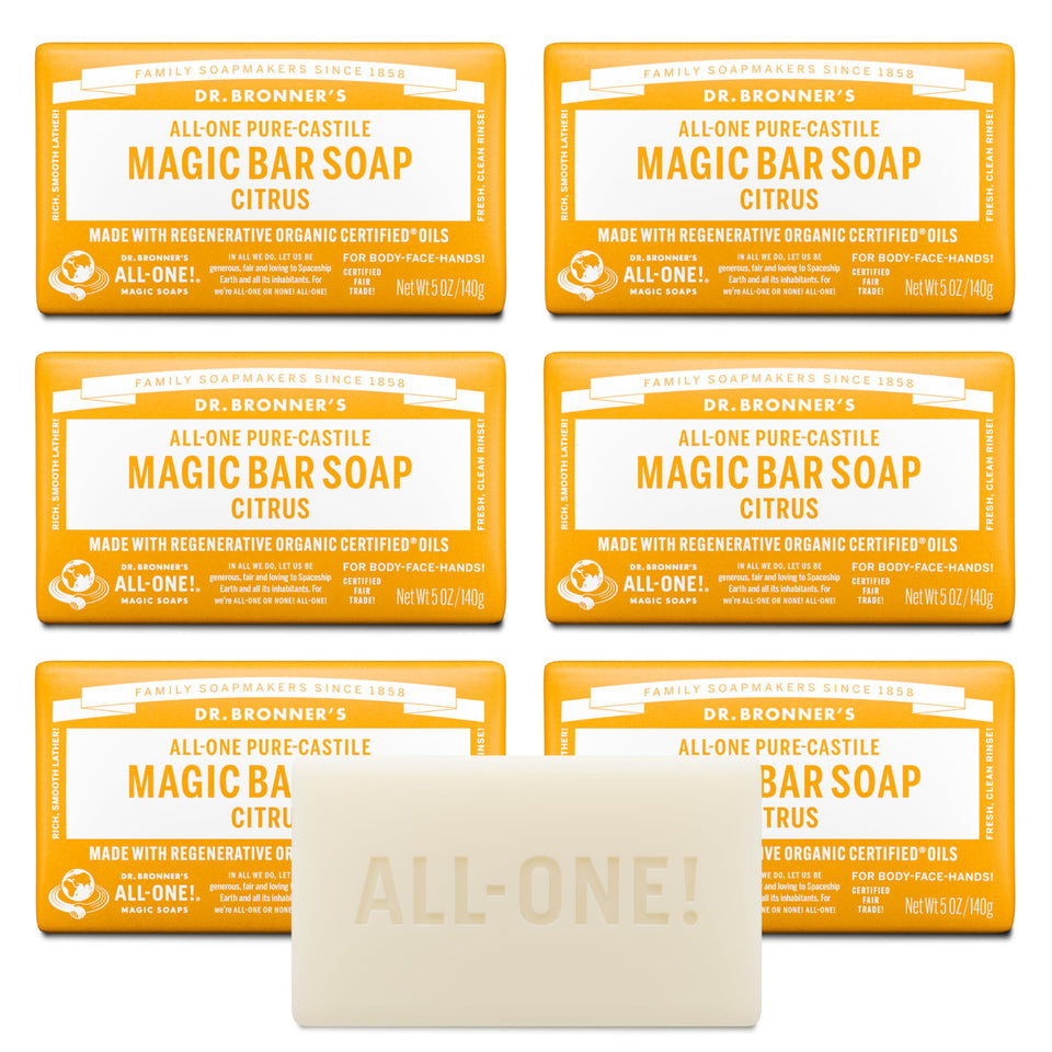 Dr. Bronner's citrus bar front packaging showing product benefit of eco labeling