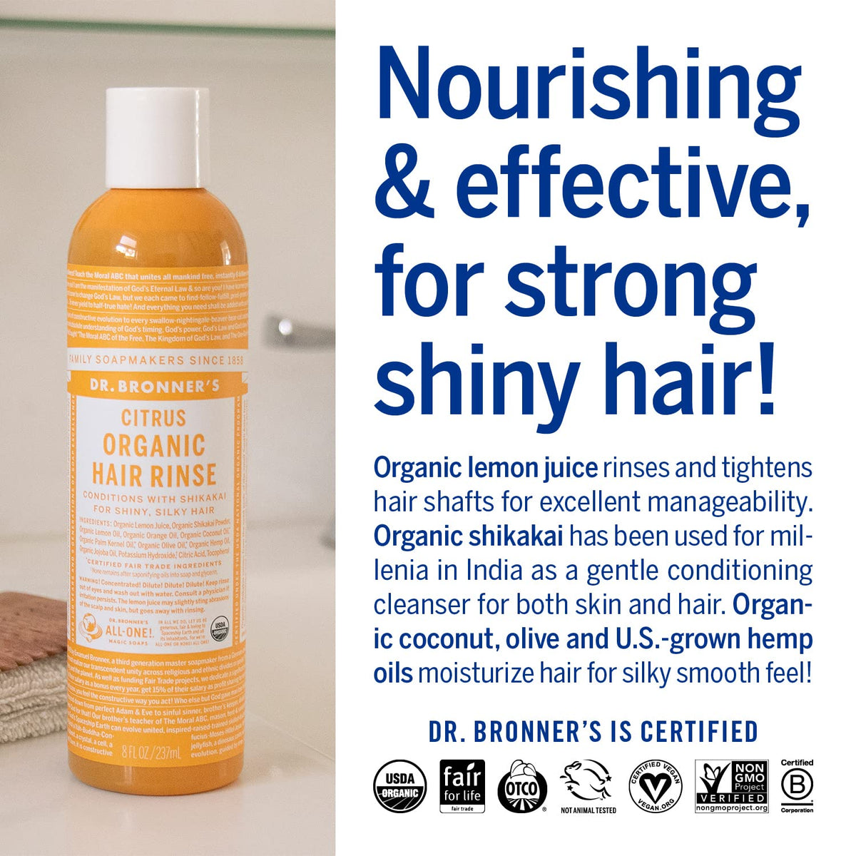 Dr. Bronner's hair in use showing detangled shiny mid-lengths