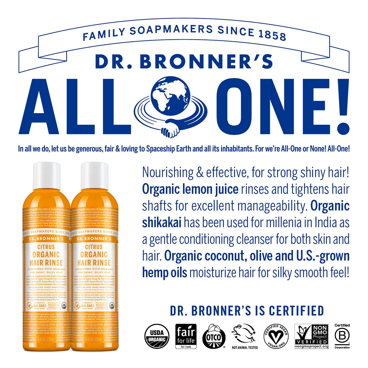 Dr. Bronner's ingredients shot with shikakai lemon and oils visible