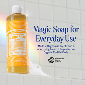 Dr. Bronner's soap pouring from bottle, concentrated formula demonstration benefit