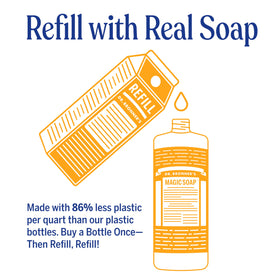 Dr. Bronner's pouring concentrated citrus soap from carton into a bottle for reuse