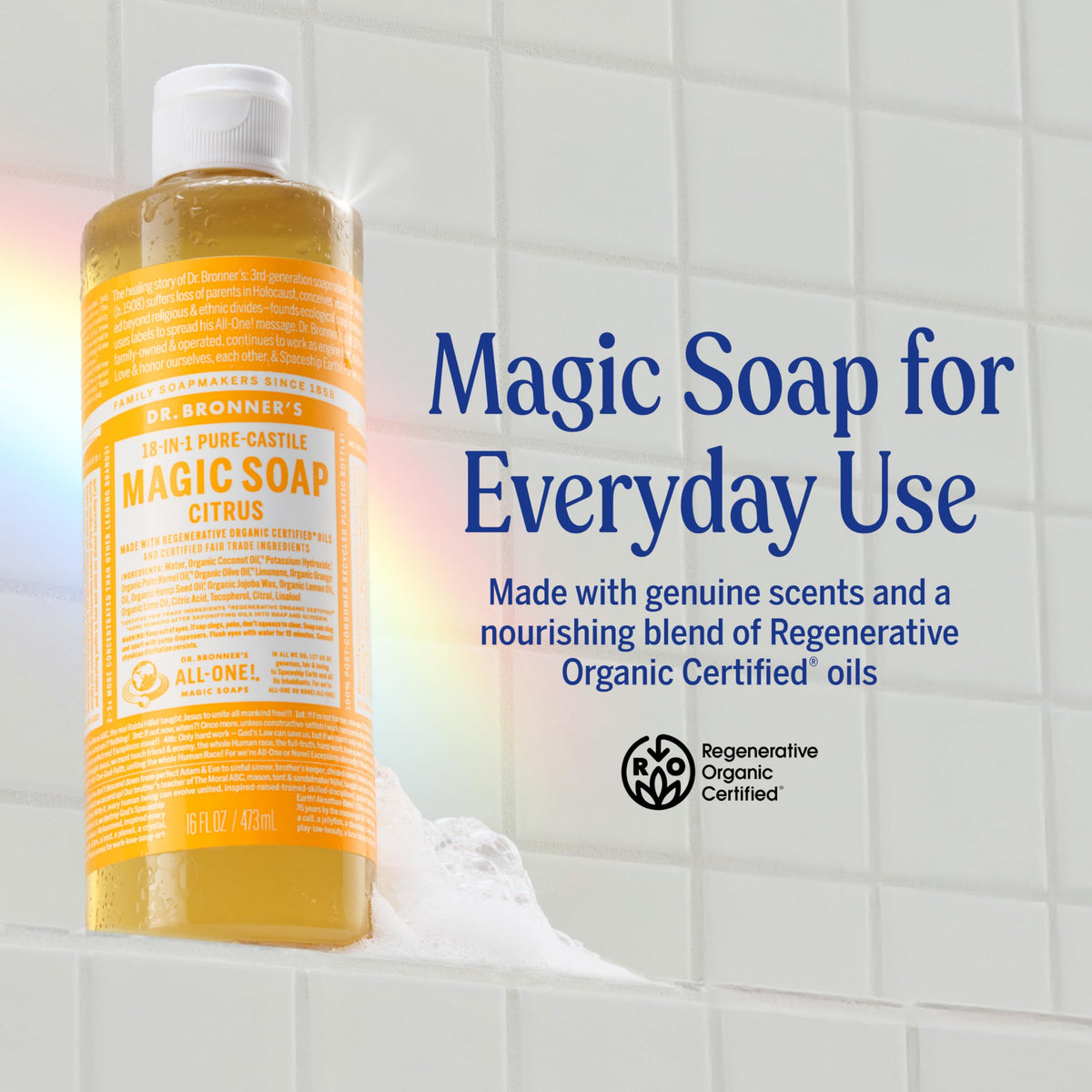 Dr. Bronner's citrus soap being pumped demonstrating easy dispensing and controlled use
