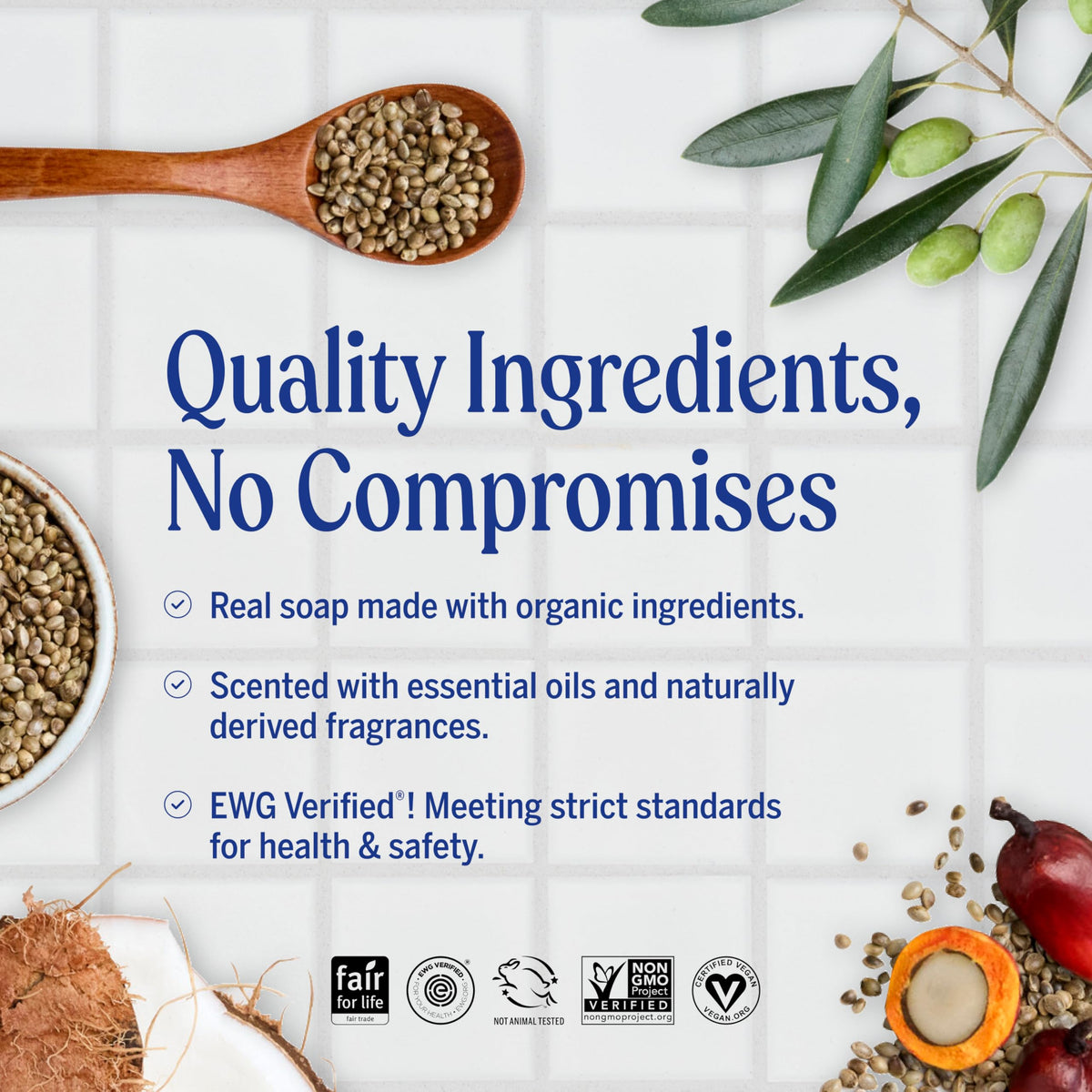 Dr. Bronner's close-up label showing ingredients and certifications for ingredient transparency