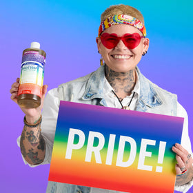 Dr. Bronner's diluted solution bottles showing recommended mixes and versatility benefit