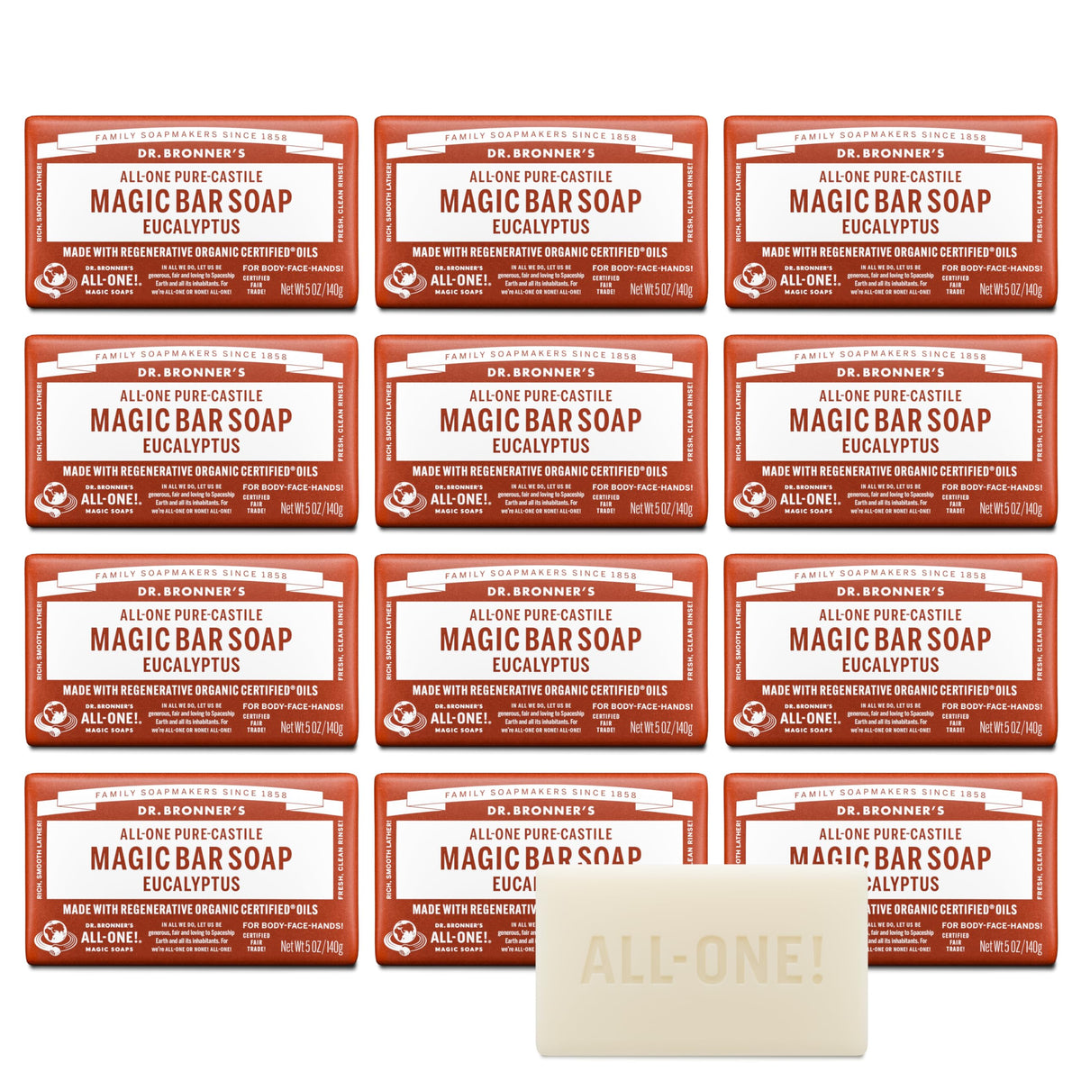 Dr. Bronner's eucalyptus bar front packaging showing product and scent benefits