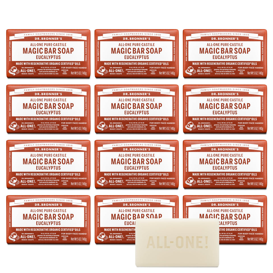 Dr. Bronner's eucalyptus bar front packaging showing product and scent benefits