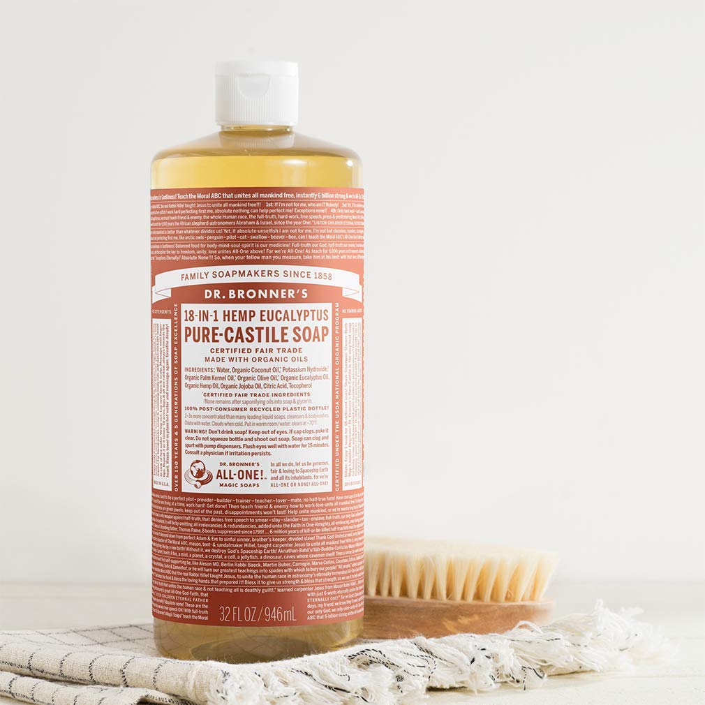 Dr. Bronner's eucalyptus bottle stamp showing 100% post-consumer recycled plastic