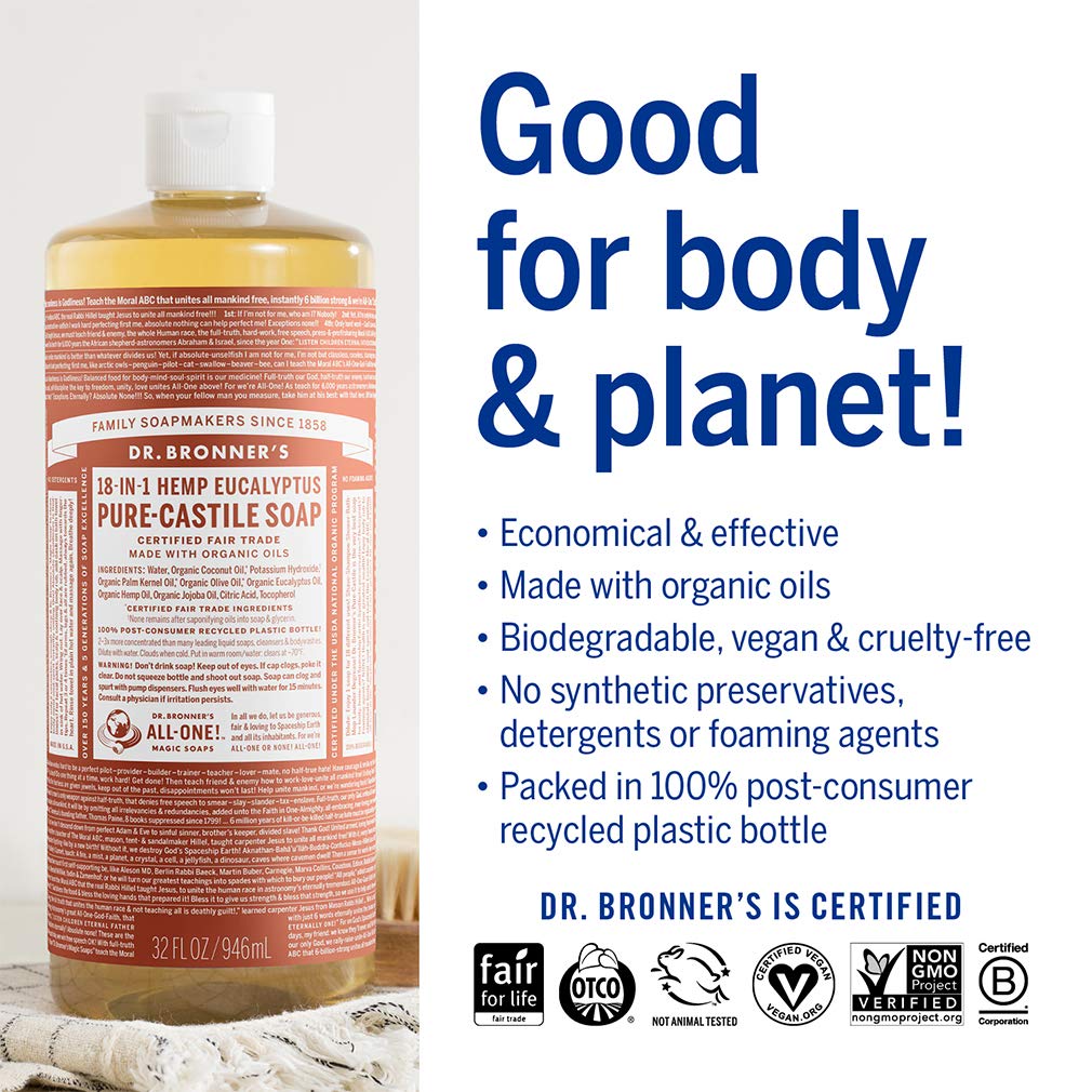 Dr. Bronner's eucalyptus label close-up showing organic ingredients and sourcing