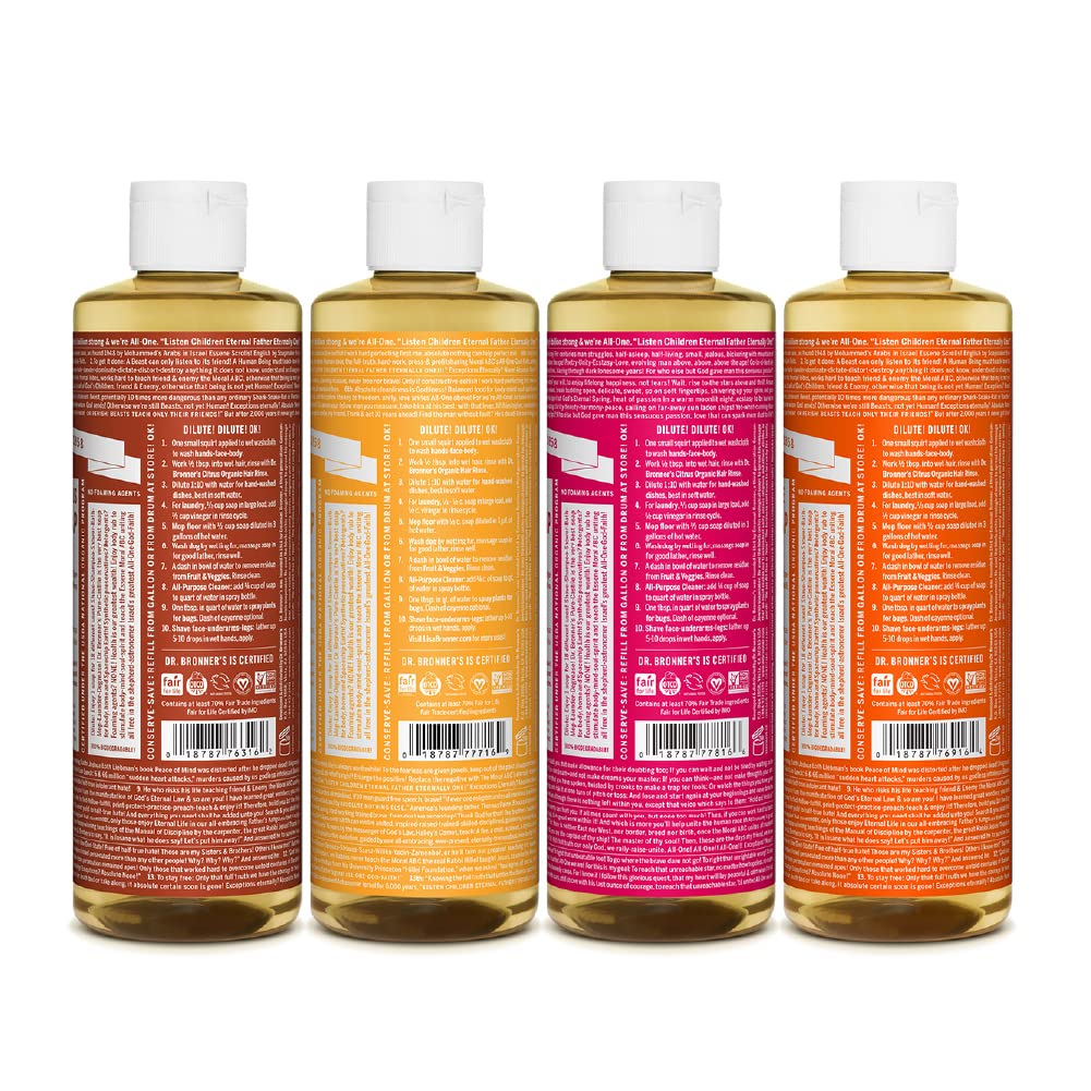 Dr. Bronner's eucalyptus bottle label close-up highlighting organic and fair trade