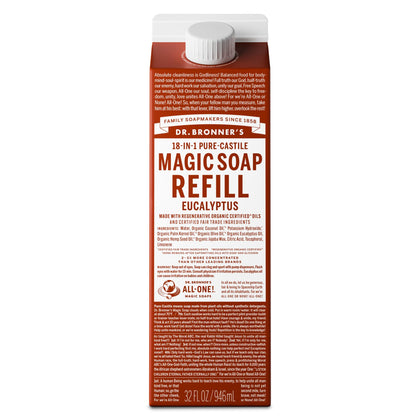 Dr. Bronner's eucalyptus front carton showing size and eco packaging benefit