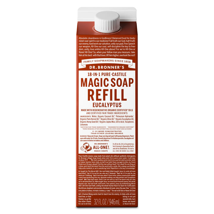 Dr. Bronner's eucalyptus front carton showing size and eco packaging benefit