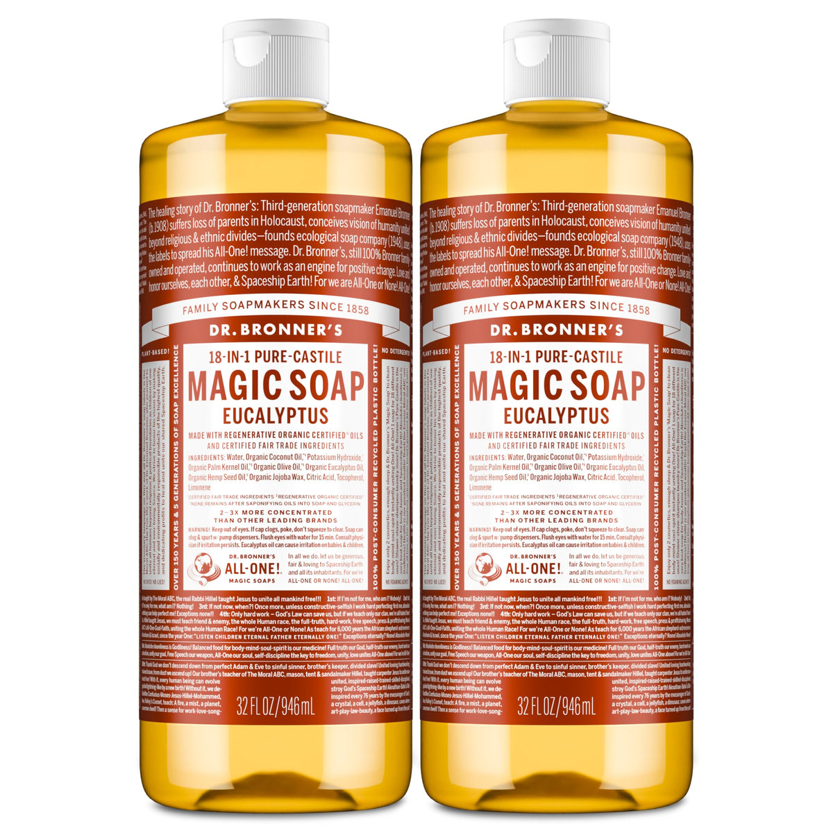 Dr. Bronner's bottle front view showing eucalyptus label and eco benefits