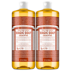Dr. Bronner's bottle front view showing eucalyptus label and eco benefits