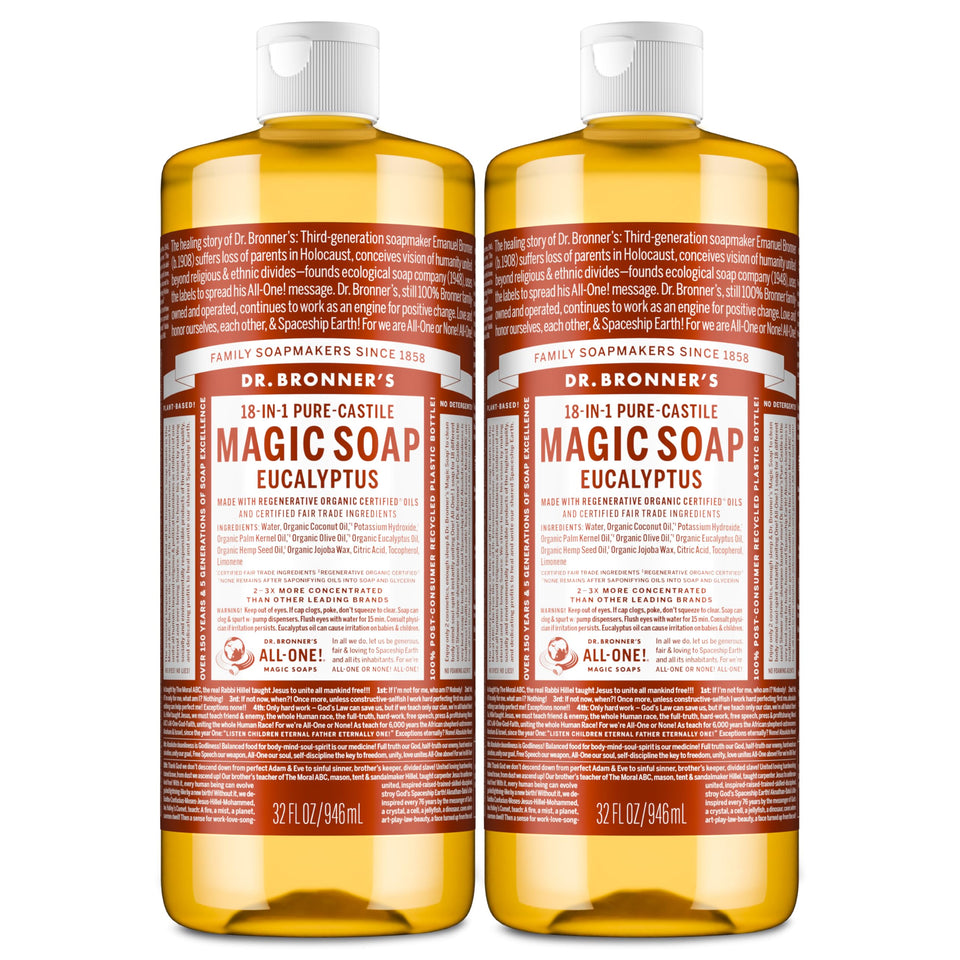 Dr. Bronner's bottle front view showing eucalyptus label and eco benefits