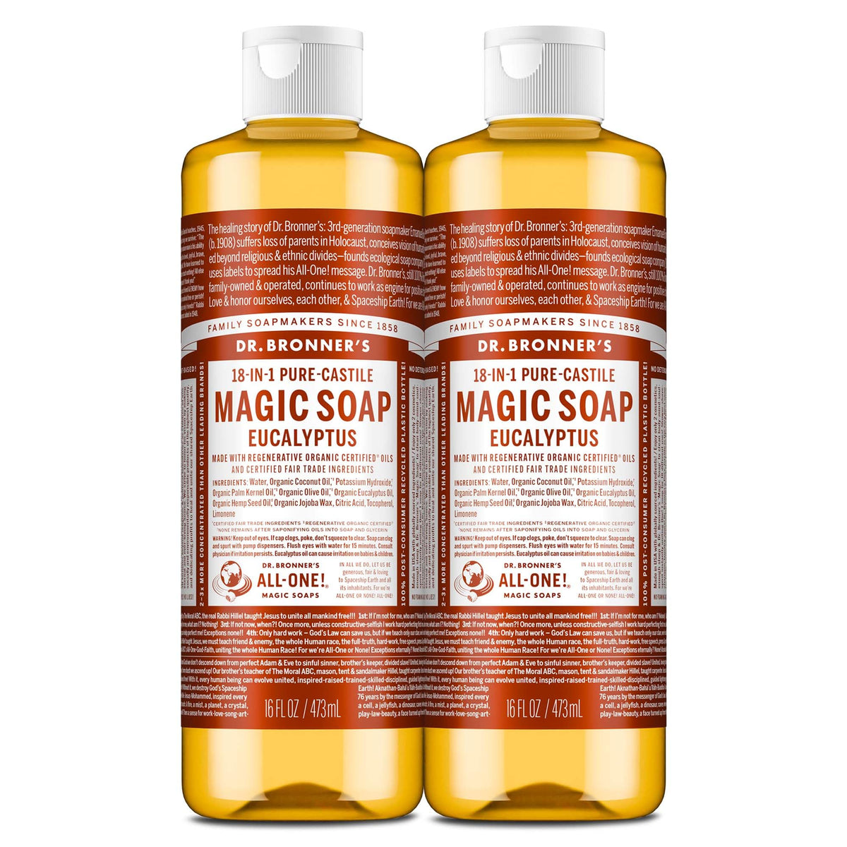 Dr. Bronner's eucalyptus front packaging showing brand and 2-pack convenience